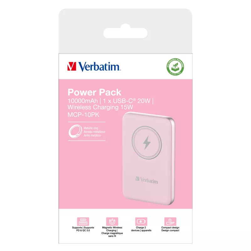 Verbatim Charge 'n' Go magnetiline juhtmevaba akupank 10000mAh roosa