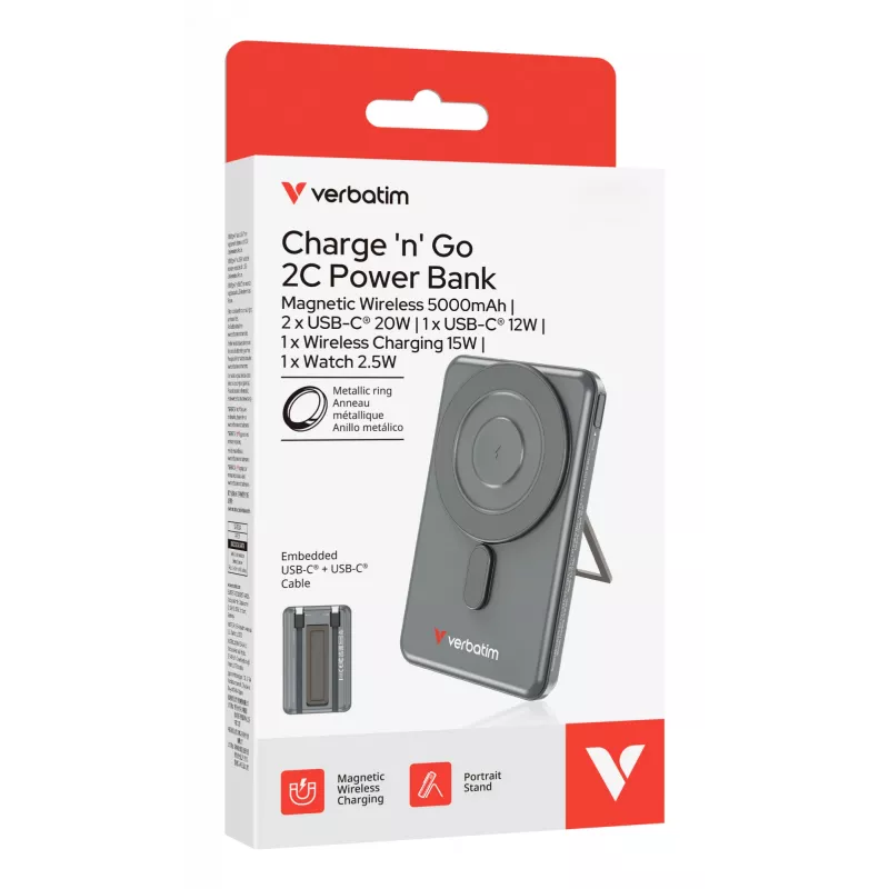 Verbatim Charge'n'Go 2C akupank 5000 mAh hall, 5000 mAh, adaptiivne kiirlaadimine, Power Delivery 3.0, Quick Charge 3.0, juhtmevaba laadimine, 3,85 V, 20 W, hall