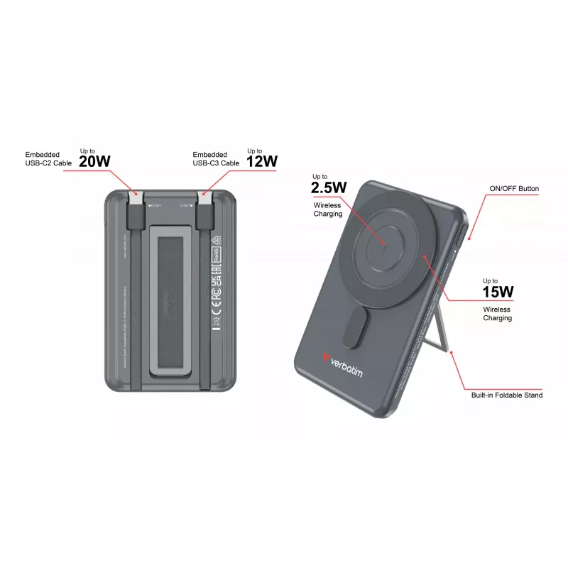 Verbatim Charge'n'Go 2C akupank 5000 mAh hall, 5000 mAh, adaptiivne kiirlaadimine, Power Delivery 3.0, Quick Charge 3.0, juhtmevaba laadimine, 3,85 V, 20 W, hall