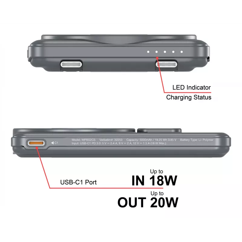 Verbatim Charge'n'Go 2C akupank 5000 mAh hall, 5000 mAh, adaptiivne kiirlaadimine, Power Delivery 3.0, Quick Charge 3.0, juhtmevaba laadimine, 3,85 V, 20 W, hall
