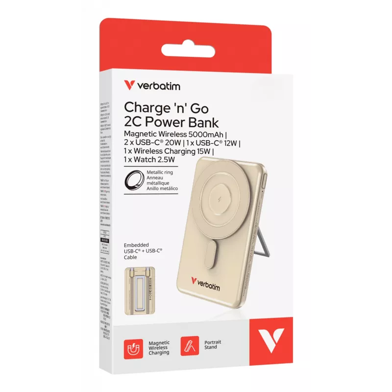 Verbatim Charge'n'G0 2C akupank 5000 mAh kuldne, 5000 mAh, Polümeer, Adaptiivne kiirlaadimine, Power Delivery 3.0, Quick Charge 3.0, Juhtmevaba laadimine, 3.85 V, 20 W