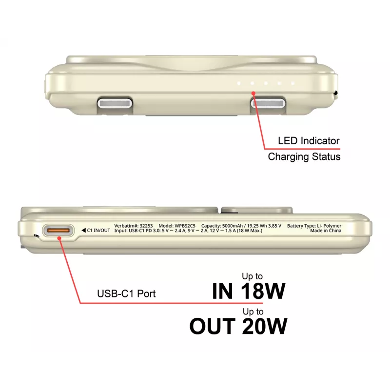 Verbatim Charge'n'G0 2C akupank 5000 mAh kuldne, 5000 mAh, Polümeer, Adaptiivne kiirlaadimine, Power Delivery 3.0, Quick Charge 3.0, Juhtmevaba laadimine, 3.85 V, 20 W