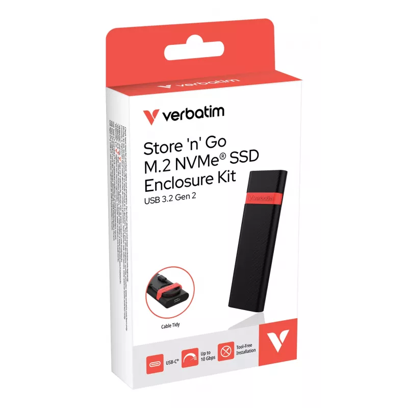 Verbatim M.2 NVMe SSD ümbriskomplekt, SSD ümbris, M.2, PCI Express, 10 Gbit/s, USB-ühenduvus, must, punane