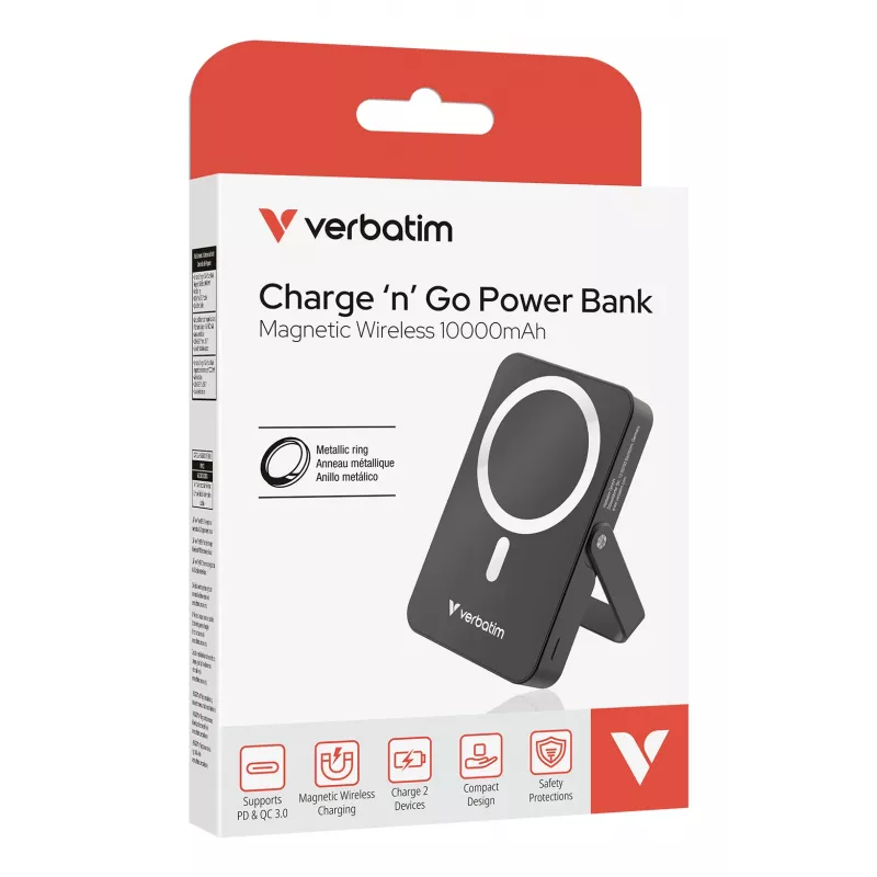 Verbatim Charge 'n' Go magnetiline juhtmevaba akupank statiiviga - 10000 mAh must