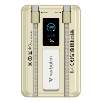 Verbatim Charge'n'Go 2C & Display akupank 10000 mAh kuldne, 10000 mAh, liitiumpolümeer (LiPo), Power Delivery 3.0, Quick Charge 3.0, juhtmevaba laadimine, 3,85 V, 52 W
