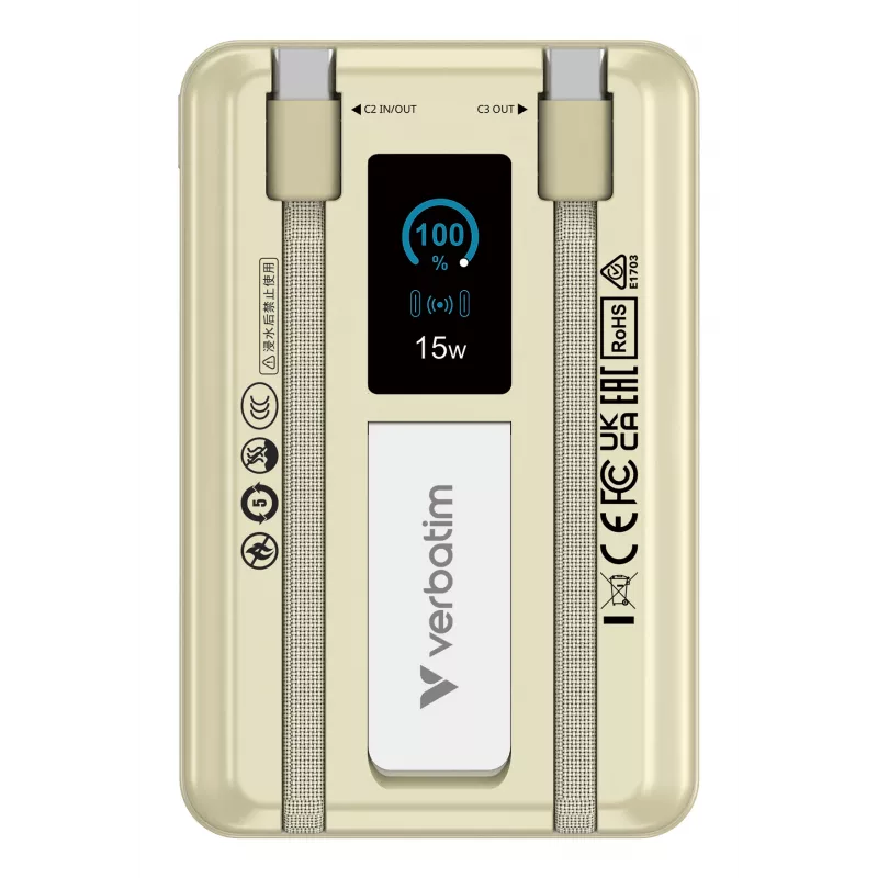 Verbatim Charge'n'Go 2C & Display akupank 10000 mAh kuldne, 10000 mAh, liitiumpolümeer (LiPo), Power Delivery 3.0, Quick Charge 3.0, juhtmevaba laadimine, 3,85 V, 52 W