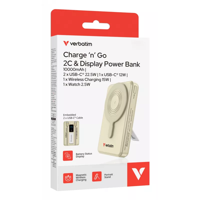 Verbatim Charge'n'Go 2C & Display akupank 10000 mAh kuldne, 10000 mAh, liitiumpolümeer (LiPo), Power Delivery 3.0, Quick Charge 3.0, juhtmevaba laadimine, 3,85 V, 52 W