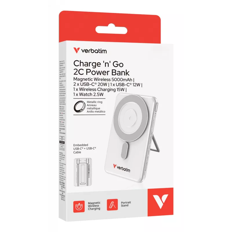 Verbatim Charge'n'Go 2C akupank 5000 mAh hõbedane, 5000 mAh, liitiumpolümeer (LiPo), Adaptive Fast Charging, Power Delivery 3.0, Quick Charge 3.0, juhtmevaba laadimine, 3.85 V, 20 W