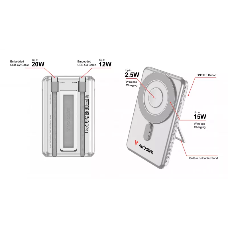 Verbatim Charge'n'Go 2C akupank 5000 mAh hõbedane, 5000 mAh, liitiumpolümeer (LiPo), Adaptive Fast Charging, Power Delivery 3.0, Quick Charge 3.0, juhtmevaba laadimine, 3.85 V, 20 W