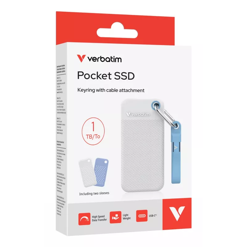 Verbatim Pocket SSD USB 3.2 Gen 2 1TB Valge/helesinine, kaks kummist varrukahülssi