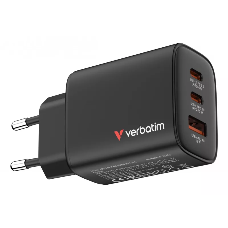 Verbatim Essentials GaN Charger 65W EU plug Must, indoor, AC, 20 V, must