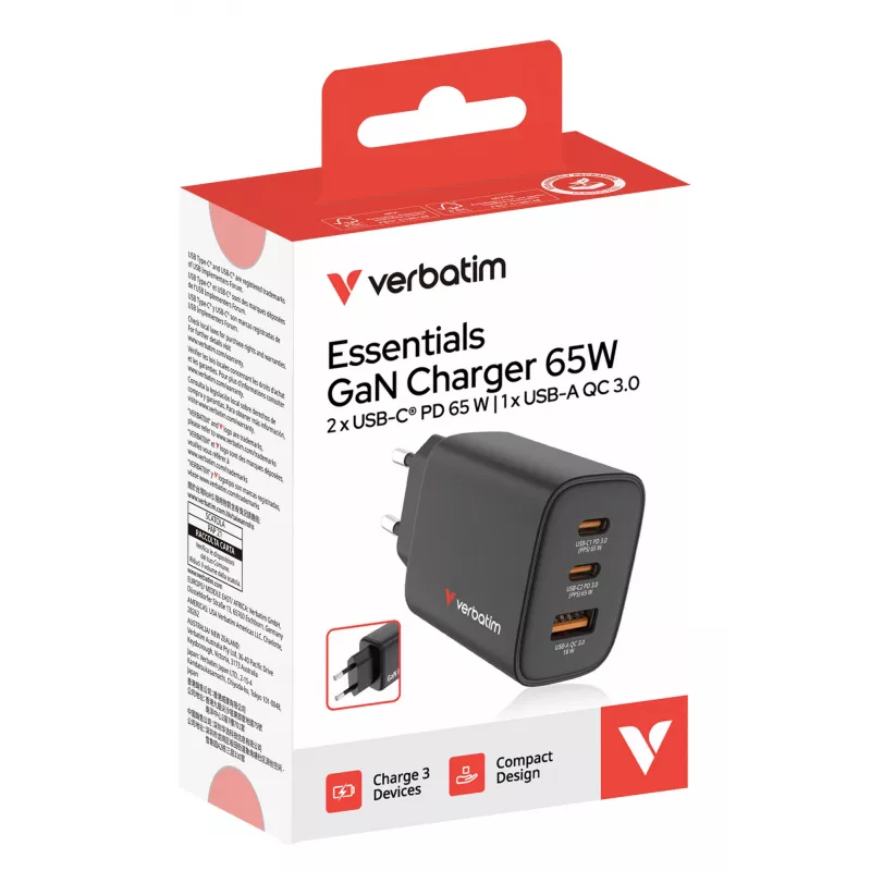Verbatim Essentials GaN Charger 65W EU plug Must, indoor, AC, 20 V, must