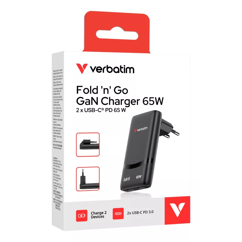 Verbatim Fold 'n' Go GaN laadija 65W EL-pistik Must, siseruumides, AC, 20 V, Must