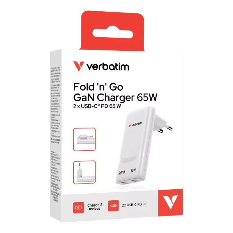 Verbatim Fold 'n' Go GaN laadija 65W EL-pistik valge, siseruumidesse, vahelduvvool, 20 V, valge
