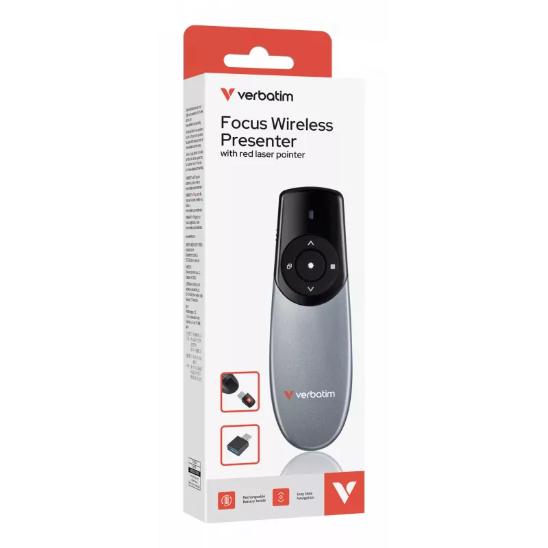 Verbatim Focus juhtmevaba esitlusipult punase laserosutiga, RF, USB, 30 m, must, hõbedane