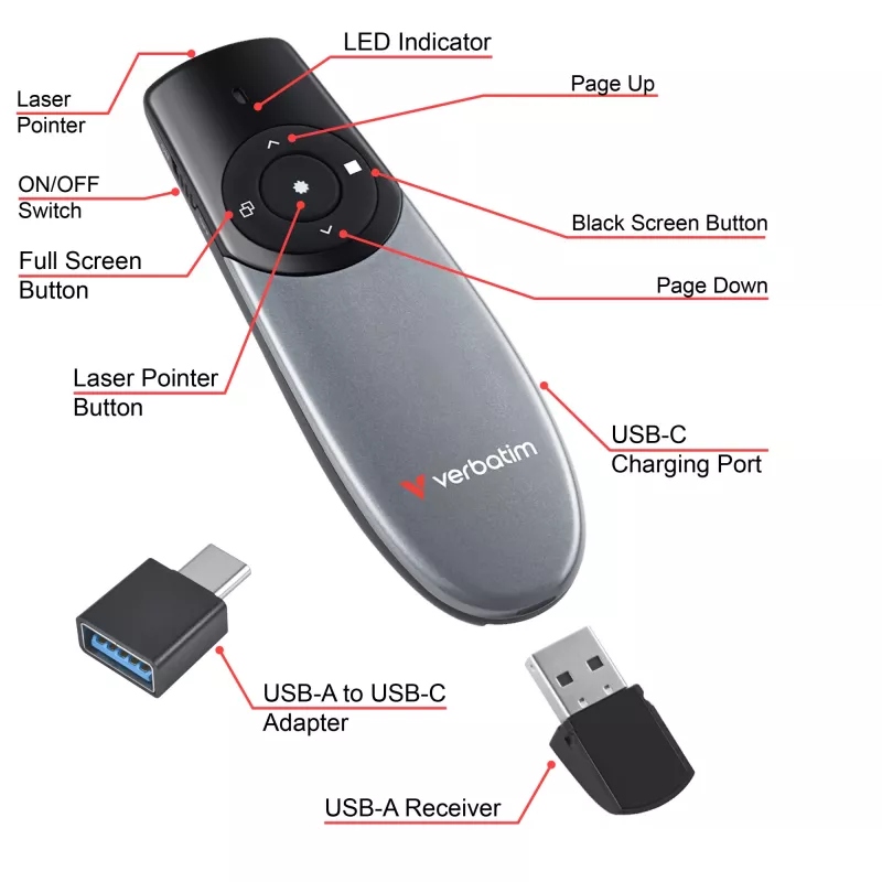 Verbatim Focus juhtmevaba esitlusipult punase laserosutiga, RF, USB, 30 m, must, hõbedane
