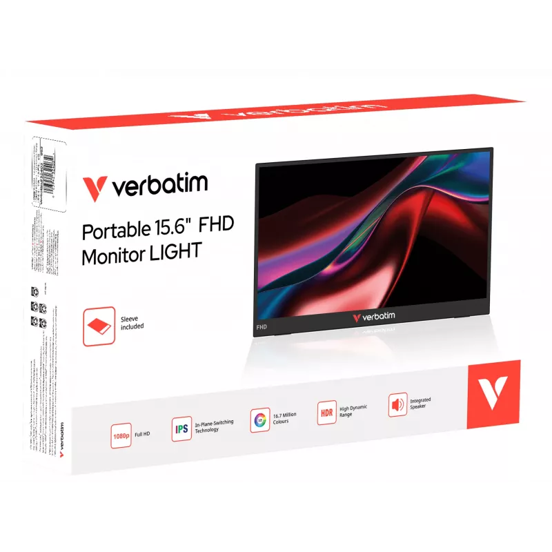 Verbatim Portable 15.6 inch FHD Monitor LIGHT, 39.6 cm (15.6 tolli), LCD, 1920 x 1080 pikslit, Full HD, 16:9, 10 ms