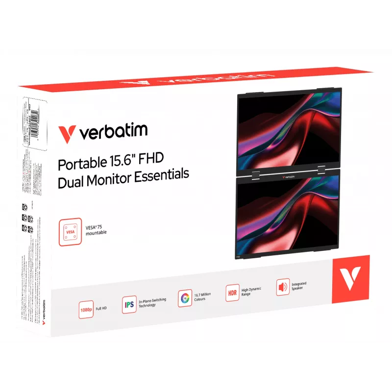 Verbatim Portable 15.6 inch FHD Dual Monitor Essentials, 39.6 cm (15.6 inch), LCD, 1920 x 1080 pikslit, Full HD, 16:9, 10 ms