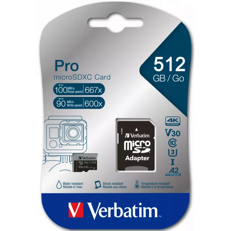 Verbatim Pro U3 512GB Micro SDXC kaart, 512 GB, MicroSDXC, Class 10, UHS-I, 100 MB/s, 90 MB/s