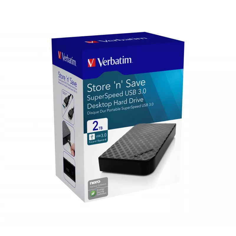 Verbatim Store 'n' Save 2TB USB 3.0, 2 TB, 3.2 Gen 1 (3.1 Gen 1), Must