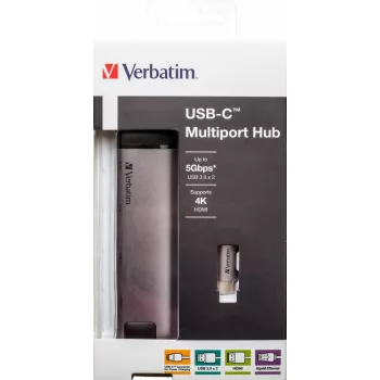 Verbatim 49141 sülearvuti dokk / pordireplikaator USB 3.2 Gen 1 (3.1 Gen 1) USB-C Must, Hõbedane