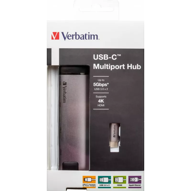 Verbatim 49141 sülearvuti dokk / pordireplikaator USB 3.2 Gen 1 (3.1 Gen 1) USB-C Must, Hõbedane