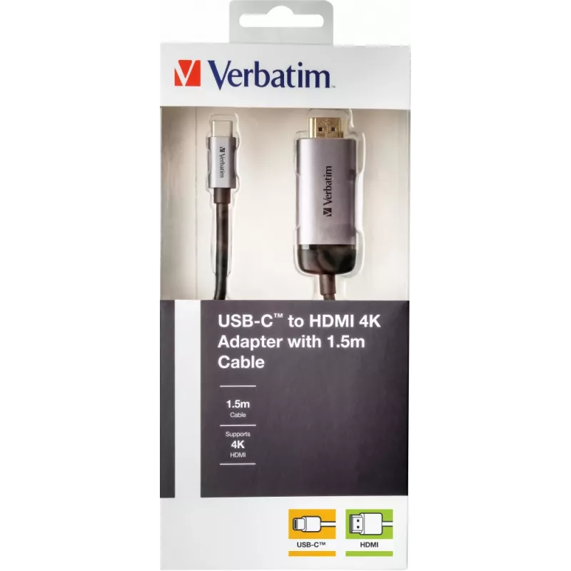 Verbatim 49144 videokaabli adapter 1.5 m USB USB-C HDMI Must, Hõbedane