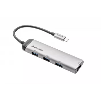 Verbatim USB-C multipordi jaotur, nelja pordiga USB 3.2 Gen 1, USB 3.2 Gen 1 (3.1 Gen 1) USB-C, USB 3.2 Gen 1 (3.1 Gen 1) Type-A, 5000 Mbit/s, hall, alumiinium, plast, 0,15 m