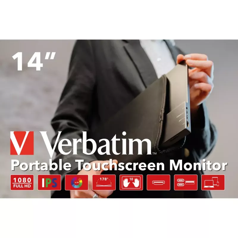 Verbatim 49591 arvutimonitor 35.6 cm (14 tolli) 1920 x 1080 pikslit Full HD LCD puuteekraan Must