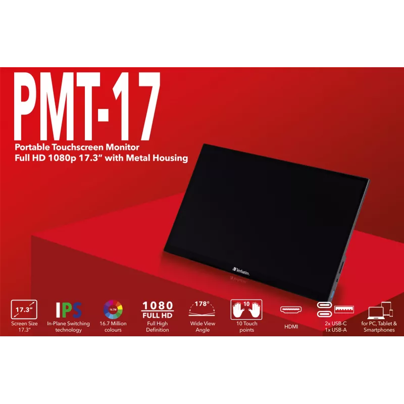 Verbatim 49593 arvutimonitor 43.9 cm (17.3 tolli) 1920 x 1080 pikslit Full HD LCD puuteekraan Must