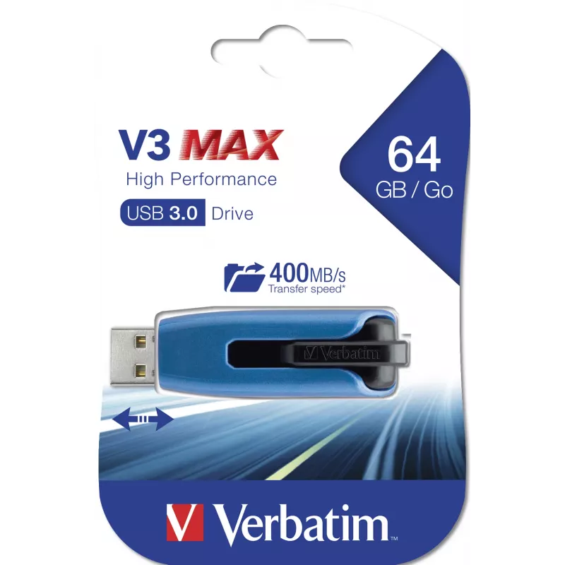 Verbatim V3 MAX - USB 3.0 mälupulk 64 GB - Sinine, 64 GB, USB Type-A, 3.2 Gen 1 (3.1 Gen 1), Slide, 10 g, Sinine