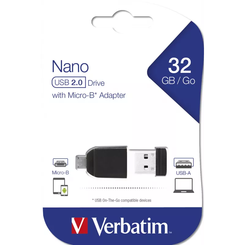 Verbatim Nano – USB 2.0 mälupulk Micro USB-adapteriga 32 GB – must