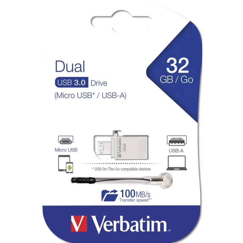 Verbatim Store 'n' Go OTG Micro USB-mälupulk 32 GB USB tüüp-A / Micro-USB 3.2 Gen 1 (3.1 Gen 1) Hõbedane