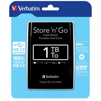 Verbatim Store 'n' Go USB 3.0 kaasaskantav kõvaketas 1TB Must, 1 TB, 2,5″, 5400 p/min, Must