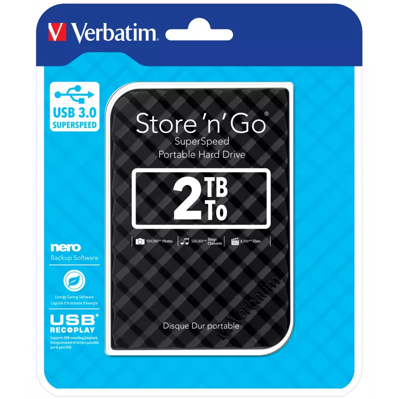 Verbatim Store 'n' Go USB 3.0 Hard Drive 2TB Must, 2 TB, 3.2 Gen 1 (3.1 Gen 1), 5400 RPM, Must