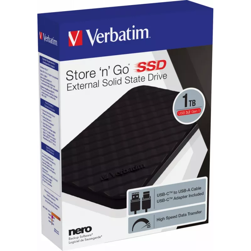 Verbatim Store 'n' Go kaasaskantav SSD USB 3.2 GEN 1 1TB, 1 TB, USB USB-C, 3.2 Gen 1 (3.1 Gen 1), Must