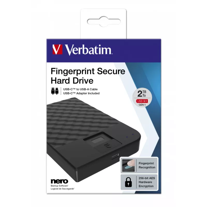 Verbatim Fingerprint Secure Portable Hard Drive 2TB, 2 TB, 3.2 Gen 1 (3.1 Gen 1), Must