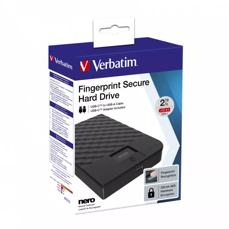 Verbatim Fingerprint Secure Portable Hard Drive 2TB, 2 TB, 3.2 Gen 1 (3.1 Gen 1), Must