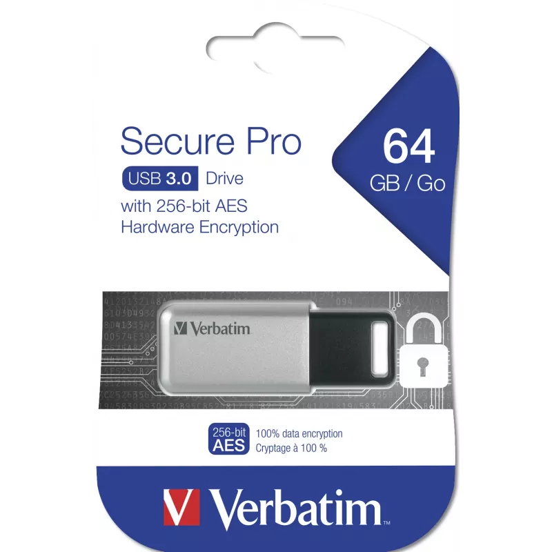 Verbatim Secure Pro - USB 3.0 mälupulk 64 GB - Hõbedane, 64 GB, USB Type-A, 3.2 Gen 1 (3.1 Gen 1), 35 MB/s, Kork, Must, Hall