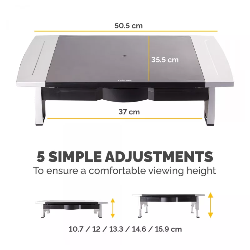 Fellowes kuvarialus 5 kõrgusereguleerimisega - Office Suites monitoritõstuk koos hoiusaluse - Ergonoomiline reguleeritav kuvarialus arvutitele - Maksimaalne kaal 36 kg / maksimaalne suurus 28 tolli - grafiit