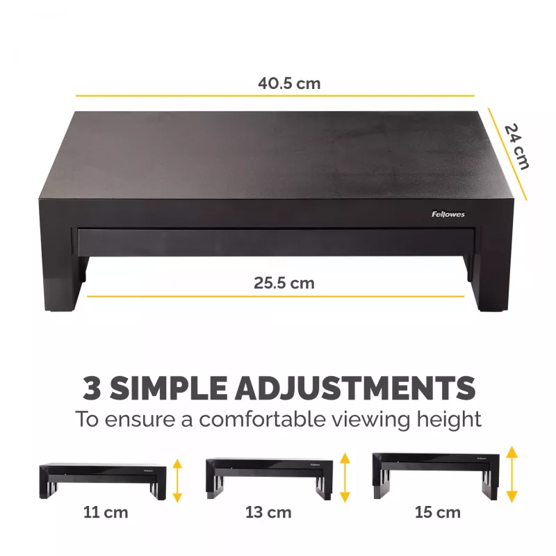 Fellowes arvuti monitori alus 3 kõrguse reguleerimisega - Designer Suites monitori tõstuk koos hoiualusega - ergonoomiline reguleeritav monitori alus arvutitele - max kaal 18 kg / max suurus 21 tolli - must / pärlvalge