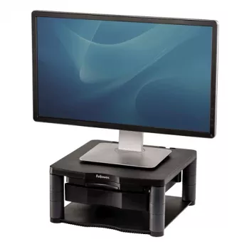 Fellowes arvutimonitori alus 3 kõrguse reguleerimisega – Premium Monitor Riser Plus kaablihaldusega – ergonoomiline reguleeritav monitorialus arvutitele – max kaal 36 kg / max suurus 21 tolli – grafiit