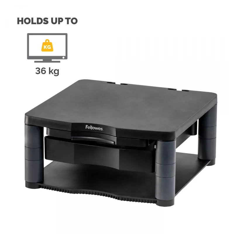 Fellowes arvutimonitori alus 3 kõrguse reguleerimisega – Premium Monitor Riser Plus kaablihaldusega – ergonoomiline reguleeritav monitorialus arvutitele – max kaal 36 kg / max suurus 21 tolli – grafiit