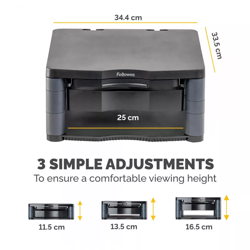 Fellowes arvutimonitori alus 3 kõrguse reguleerimisega – Premium Monitor Riser Plus kaablihaldusega – ergonoomiline reguleeritav monitorialus arvutitele – max kaal 36 kg / max suurus 21 tolli – grafiit