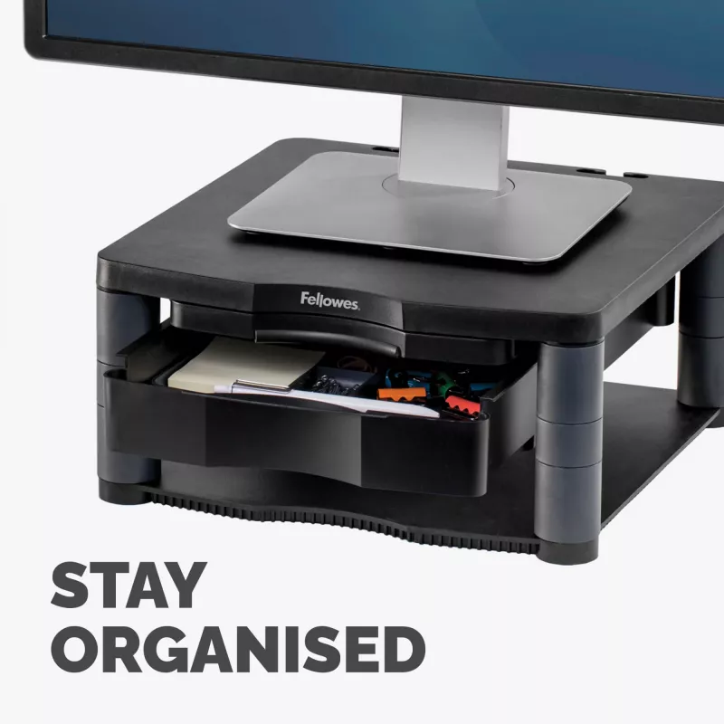 Fellowes arvutimonitori alus 3 kõrguse reguleerimisega – Premium Monitor Riser Plus kaablihaldusega – ergonoomiline reguleeritav monitorialus arvutitele – max kaal 36 kg / max suurus 21 tolli – grafiit