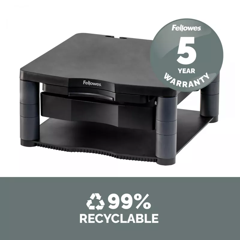 Fellowes arvutimonitori alus 3 kõrguse reguleerimisega – Premium Monitor Riser Plus kaablihaldusega – ergonoomiline reguleeritav monitorialus arvutitele – max kaal 36 kg / max suurus 21 tolli – grafiit