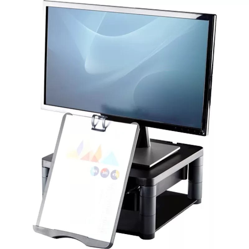 Fellowes arvutimonitori alus 3 kõrguse reguleerimisega – Premium Monitor Riser Plus kaablihaldusega – ergonoomiline reguleeritav monitorialus arvutitele – max kaal 36 kg / max suurus 21 tolli – grafiit