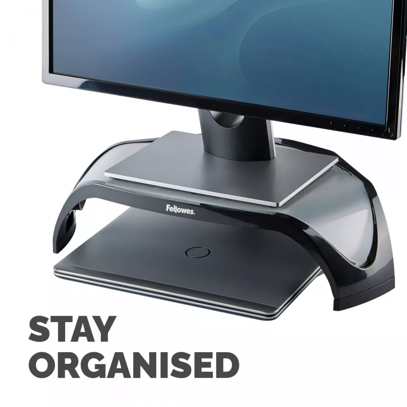 Fellowes arvutimonitori alus 3 kõrgusereguleerimisega – Smart Suites monitoritõstuk – ergonoomiline reguleeritav monitorialus arvutitele – maksimaalne kaal 10 kg/maksimaalne suurus 21 tolli – must