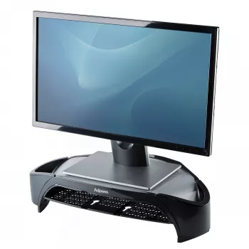 Fellowes arvutimonitori alus 3 kõrguse reguleerimisega – Smart Suites Monitor Riser Plus koos hoiualaga – ergonoomiline reguleeritav monitorialus arvutitele – maksimaalne kaal 10 kg / maksimaalne suurus 21 tolli – must