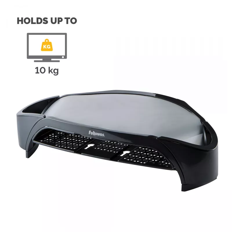 Fellowes arvutimonitori alus 3 kõrguse reguleerimisega – Smart Suites Monitor Riser Plus koos hoiualaga – ergonoomiline reguleeritav monitorialus arvutitele – maksimaalne kaal 10 kg / maksimaalne suurus 21 tolli – must